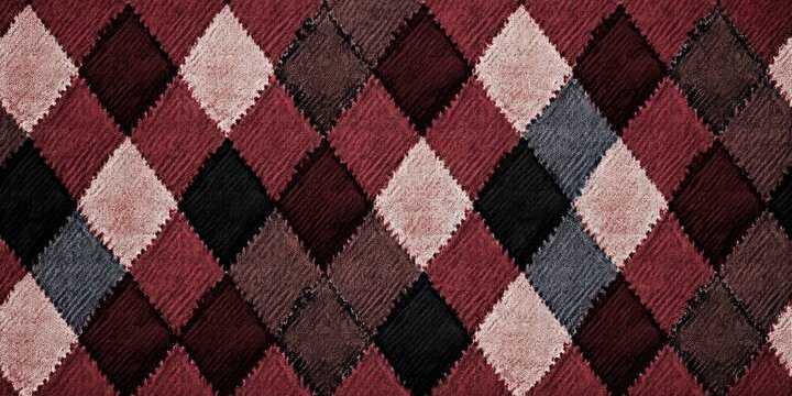 cozy plush diamond-pattern textile with burgundy, pink, brown, black and gray tufted squares, warm stitched textured surface