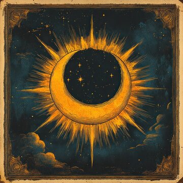 golden crescent moon with radiant sun rays and star-filled night within, vintage ornate frame, mystical celestial scene