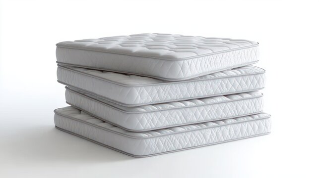 Stack of four white quilted mattresses on a clean neutral background with soft lighting evoking calm and comfortable sleep