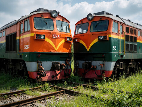 Two orange and green diesel locomotives wait on tracks overgrown with grass. These powerful engines are parked, showing wear and tear, ready for future journeys on the rail.