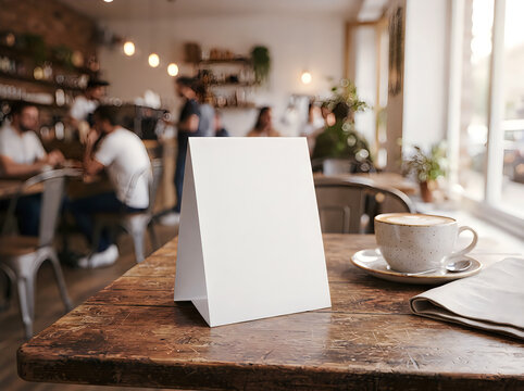 Blank white table tent or menu stand on a rustic wooden table in a blurred cafe setting with a coffee cup