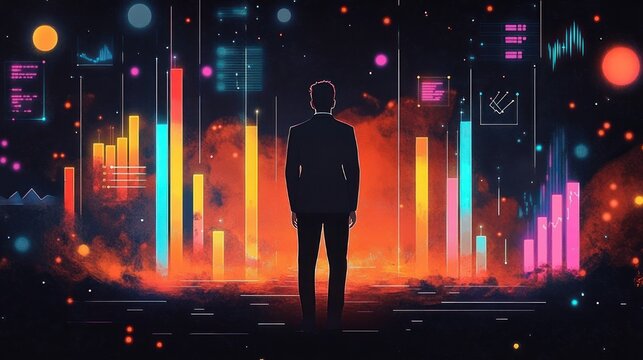 silhouetted man in suit facing a glowing neon data skyline of multicolored bar charts and floating holographic graphs through orange mist, evoking contemplation and determination
