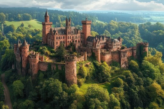 majestic red stone hilltop castle with towers, turrets, spires and battlements surrounded by lush green forest and rolling hills under a dramatic cloudy sky, serene and awe-inspiring