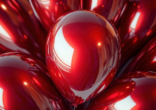 cluster of glossy red metallic balloons with mirror-like reflections under bright studio lighting, festive joyful mood