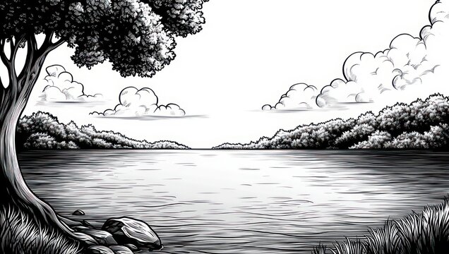 peaceful monochrome lakeside scene with foreground tree, rocky shore and grasses, calm reflective water, distant tree-covered banks and soft cloud-filled sky