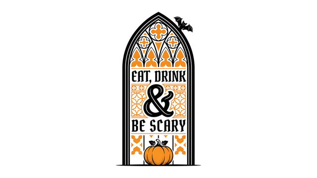 Halloween gothic window with pumpkin and spooky lettering design