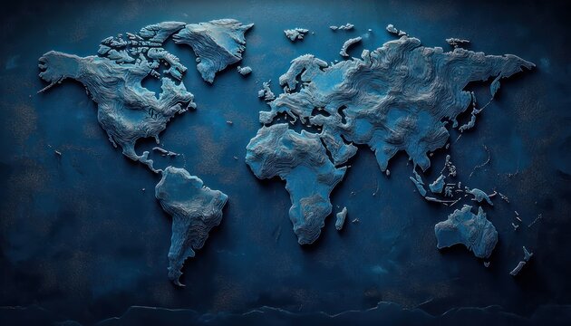 textured sculpted world map in deep blue with layered topography and dramatic lighting, evoking wonder and exploration
