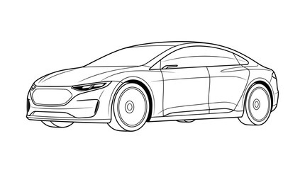 Fototapeta premium Electric vehicle line art illustration of a modern sedan car profile