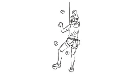 Fototapeta premium Athletic climber with safety harness reaching for wall hold in clean minimal line art style, concept for sport climbing action and determination, ideal for fitness blogs and sports promotion.