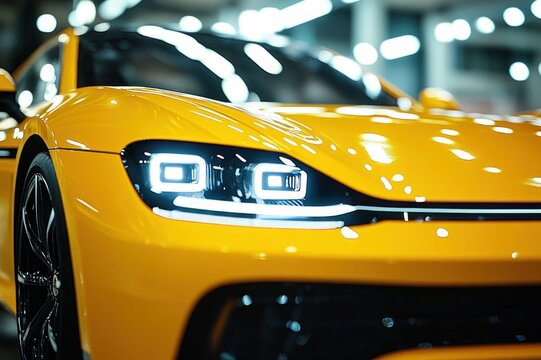 close-up of glossy yellow sports car front with illuminated led headlights and reflective hood in a modern garage, sleek and powerful mood