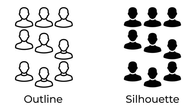 Outline and Silhouette Figures: A graphic illustration contrasting two sets of simplified human figures, labeled Outline and Silhouette, to represent different visual styles.