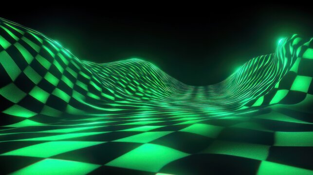 glowing neon green checkerboard landscape with undulating waves under a dark void, futuristic surreal and hypnotic atmosphere