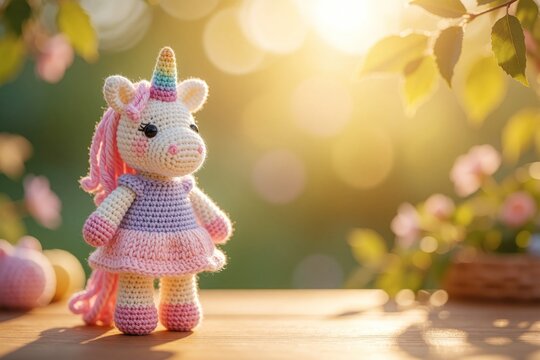 Handmade crochet unicorn toy with pink mane and pastel dress stands on wood table. Sunlight filters through green leaves creating bokeh lights in soft natural setting.