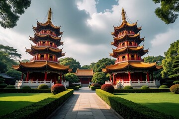 Fototapeta premium Two traditional Chinese pagodas stand in a rich garden. Ornate architecture features multi tiered roofs and vibrant red columns. Serene scene with manicured hedges and manicured lawn.