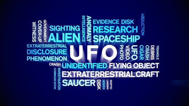 UFO animated word cloud-Unidentified Flying Object animation tag kinetic typography seamless loop.