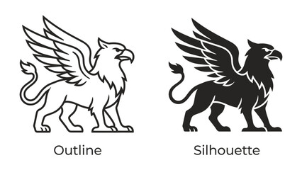Fototapeta premium Griffin Line Art and Silhouette: Two stylized illustrations of a griffin, a mythical creature with the body of a lion and the head and wings of an eagle, are presented side-by-side.