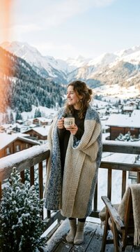 Winter balcony lady: anticipate 2027, look forward, prepare season, happy emotion, New Year, cozy blanket, snowy chalet, warm mug, drink coffee, observe mountain.