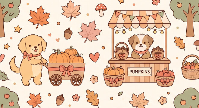 Cute Seamless Autumn Pattern with Puppy, Pumpkin Market Stand, Harvest Baskets, Maple Leaves, Acorns and Mushrooms