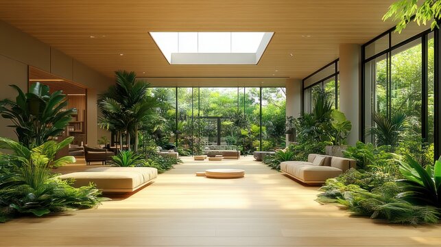 Serene modern open living room with floor-to-ceiling glass wall overlooking lush garden, skylight, wooden ceiling and floor, neutral sofas and abundant indoor plants