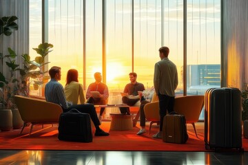 Obraz premium Five people with luggage sharing a relaxed sunset conversation in a modern lounge with floor-to-ceiling windows overlooking a city skyline