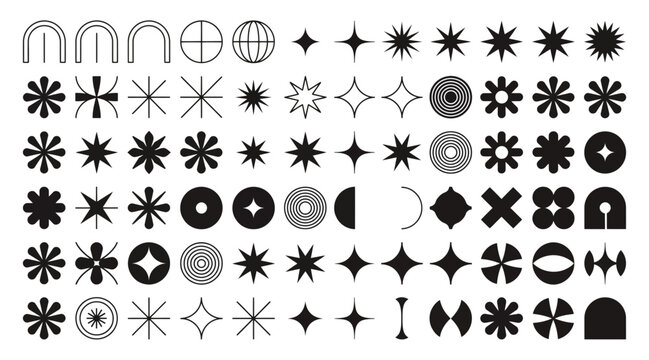 Minimalist vector icons featuring stars and abstract geometric shapes are displayed on a solid white canvas.