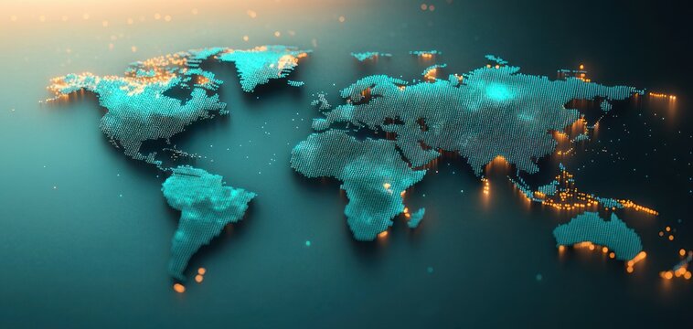glowing 3d world map of turquoise pixel pillars and orange city lights on a dark surface, futuristic digital network conveying global connectivity and technological wonder