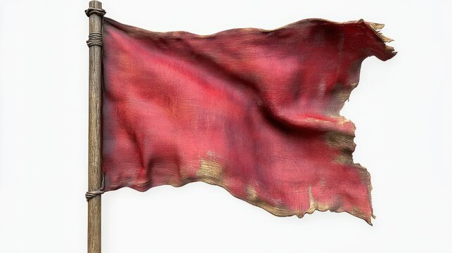 tattered red cloth flag on a wooden pole, torn and weathered, waving with a resilient defiant mood