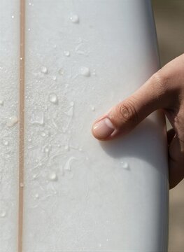 Close Of Persons Hand Resting On Surface White Surfboard Fingers Gently Pressing Against To Wax Grip Tape Common For Surfboards Provide