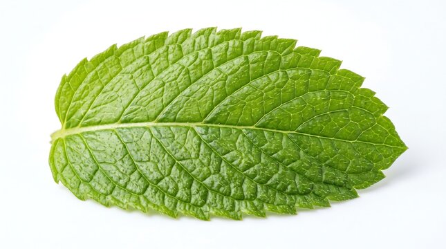 Fresh green mint leaf with serrated edges and texture isolated on white background aromatic isolated background ingredient moisture glistening lighting cocktail garnishing botanical