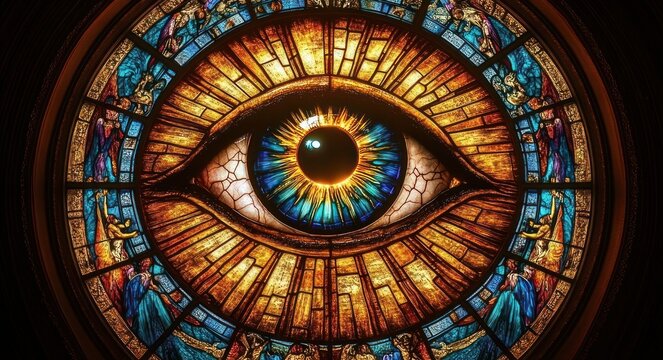 circular stained glass window featuring a giant watchful eye with vibrant blue and gold iris and sunburst rays, surrounded by narrative figure panels, glowing with sacred awe