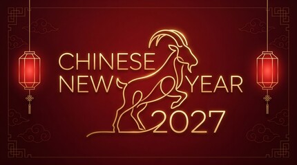 Naklejka premium Chinese New Year 2027 Year of the Goat Golden Calligraphy Typography with Ornate Goat and Red Lanterns