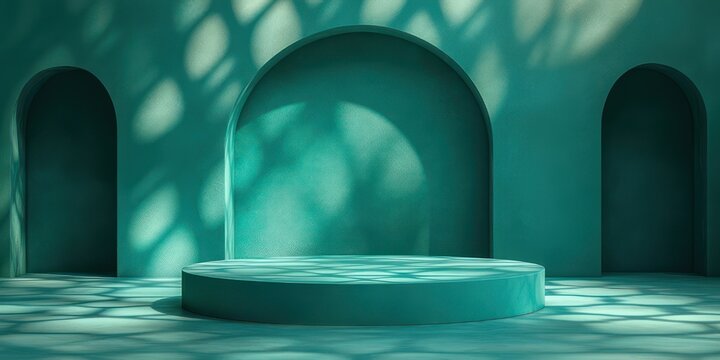Teal interior with circular display podium, three arched alcoves and dappled leaf-pattern sunlight casting soft shadows, serene minimalist architectural scene