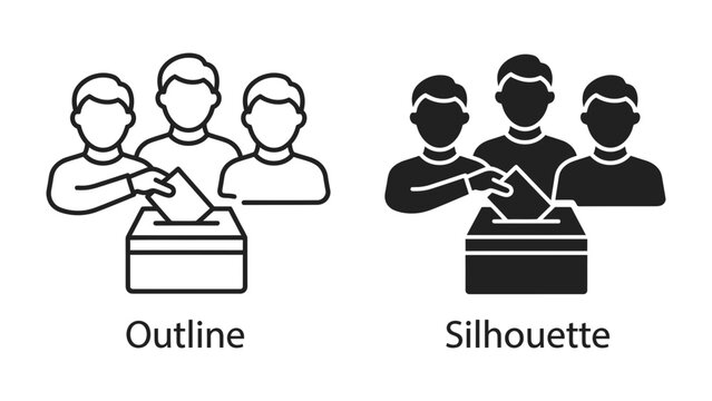Voting Icons: Two stylized icons, one outline and one silhouette, depict people casting ballots into a voting box, representing the democratic process.
