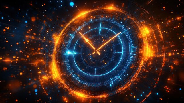futuristic glowing digital clock interface with blue concentric rings and fiery orange energy, dynamic particles and light trails conveying urgency and high-tech motion