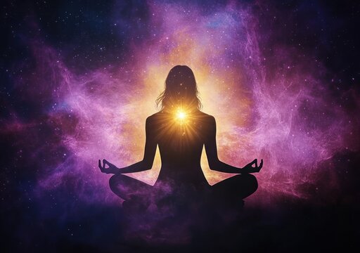 Silhouette of a person meditating in lotus pose with a radiant golden heart light surrounded by purple and pink cosmic nebula and starry aura, serene and transcendent