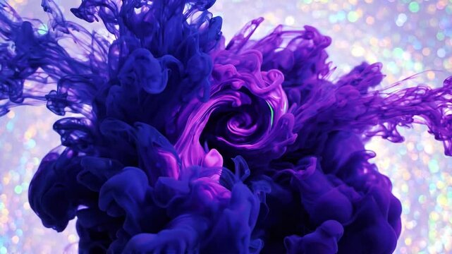 Abstract blue and purple ink clouds swirling and mixing in water against a shimmering bokeh glitter background.