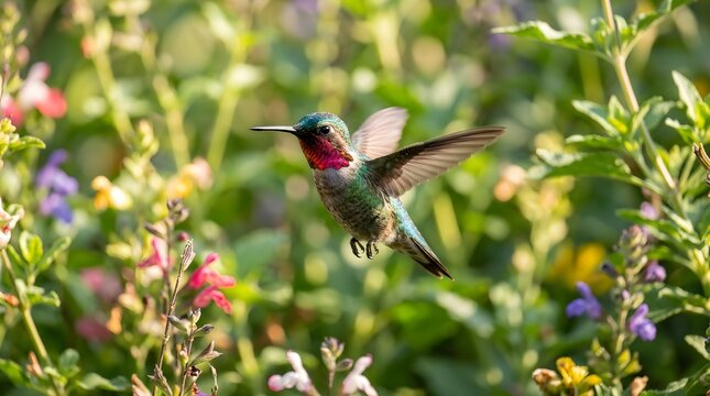 Anna's Hummingbird hovering in a garden with colorful flowers in natural sunlight