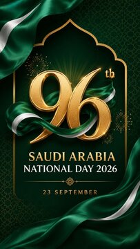 Celebrate saudi arabia's 96th national day 2026 with a patriotic green and gold banner design for september 23 celebrations