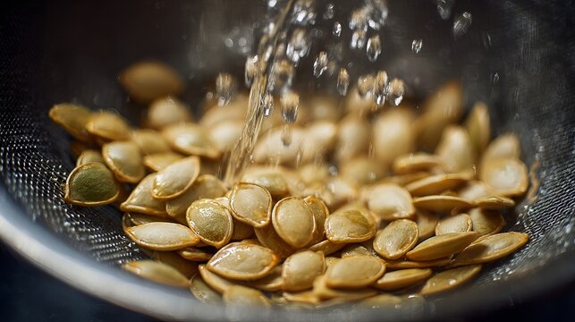 Fresh raw pumpkin seeds being washed with clean water in a metal mesh strainer captured with soft cinematic lighting effects