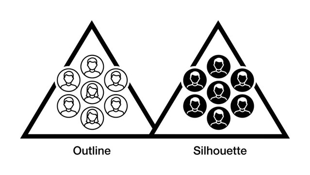 Outline vs Silhouette: A clear visual comparison showcasing the difference between outlined human icons and solid silhouette human icons within two triangular frames.