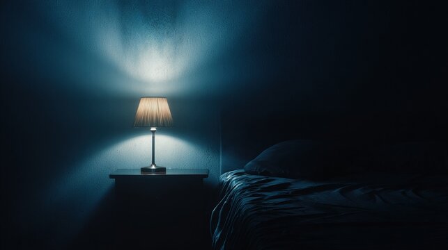 bedside. Moonlit bedroom with glowing ambient light, creating a tranquil and cinematic nighttime atmosphere. lifestyle magazines.