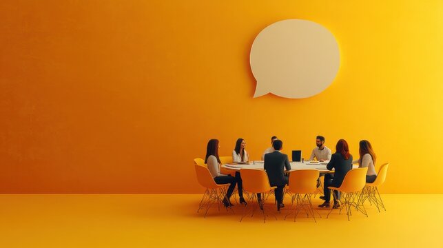group of professionals seated around a white round table with yellow chairs in a vibrant orange room beneath a large speech bubble, engaged in collaborative discussion and focused brainstorming