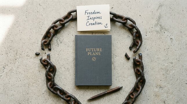 Strong broken rusty metal chains surrounding a grey notebook titled future plans and a note about freedom on concrete, representing liberation from constraints and focusing on creative new life goals.