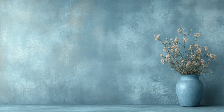 ceramic blue vase with delicate pale dried flowers on a blue textured tabletop and wall, minimal still life evoking calm and serenity