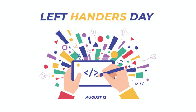 Left Handers Day celebratory banner with left hands coding on a tablet surrounded by colorful geometric abstract shapes.