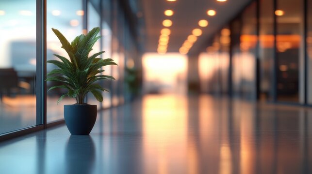 Single potted plant on glossy floor in a modern glass office corridor bathed in warm sunset light, soft bokeh and a calm serene atmosphere