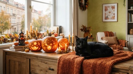 Fototapeta premium Cozy Halloween scene with carved pumpkins, candles, and a black cat by the window