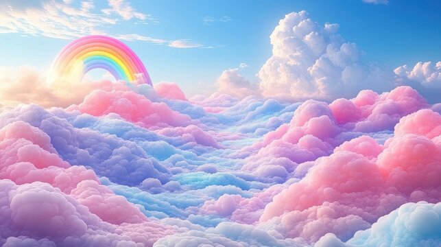 dreamy pastel cloudscape with rainbow arch and glowing light over fluffy pink and blue clouds, serene wonder