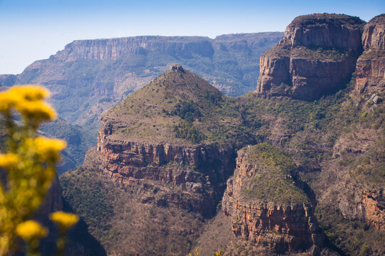 Three Rondawels, Blyde River Canyon, South Africa. Beautiful rock formations seen from a panoramic view point over the Blyde River Canyon.