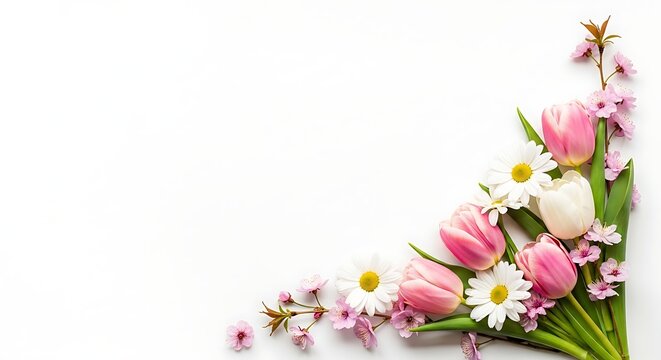 Elegant Pink Tulips and White Daisies on White Background with Copy Space